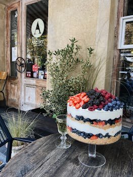 A delicious layered berry trifle with fresh strawberries, blueberries, and blackberries on a rustic outdoor table near a café.
