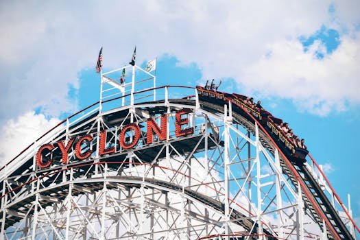 Thrilling ride on the Cyclone roller coaster with blue skies and excitement.