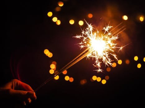 A vibrant sparkler glowing against a dark background with bokeh lights, symbolizing celebration. 4th of July