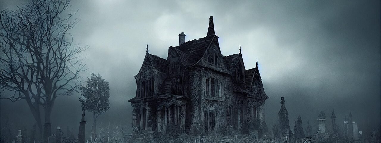 haunted house, halloween, graveyard, moon, night, spooky, creepy, gothic house, horror, mysterious, ai generated