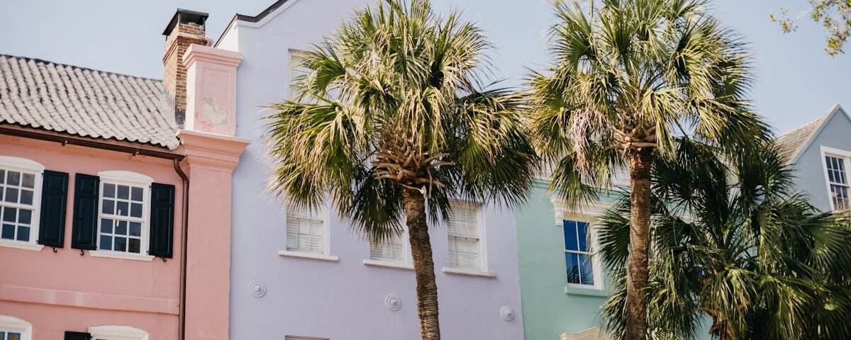 Vibrant pastel homes and palm trees on a sunny street in Charleston.