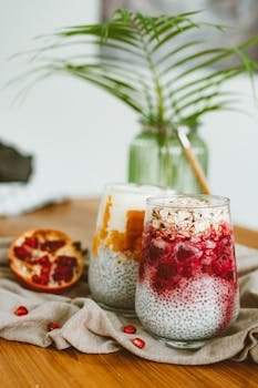 Delicious chia pudding with pomegranate and mango toppings in glass jars, perfect for a healthy breakfast.
